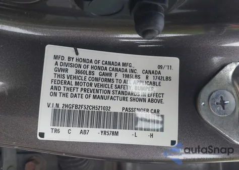 2012 Honda Civic Lx из США, поврежденный, VIN 2HGFB2F52CH521032